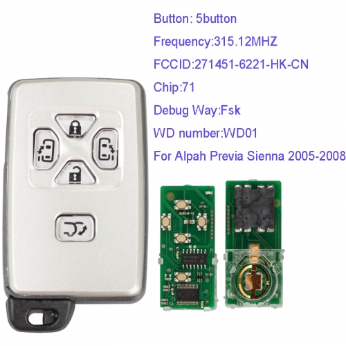 MK190093 5Button 315.12MHZ  Smart Key for T-oyota Part Number 271451-6221-HK-CN Keyless Go Proximity Key