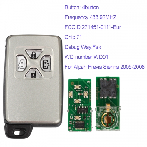 MK190091 4 Button 433.92MHZ Smart Key for T-oyota Part Number 271451-0111-Eur Keyless Go Proximity Key