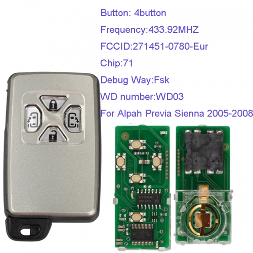 MK190098 4Button 433.92MHZ  Smart Key for T-oyota Part Number 271451-0780-Eur Keyless Go Proximity Key