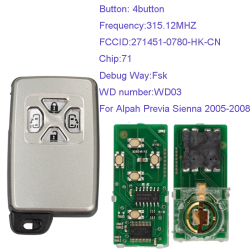 MK190095 4Button 315.12MHZ  Smart Key for T-oyota Part Number 271451-0780-HK-CN Keyless Go Proximity Key