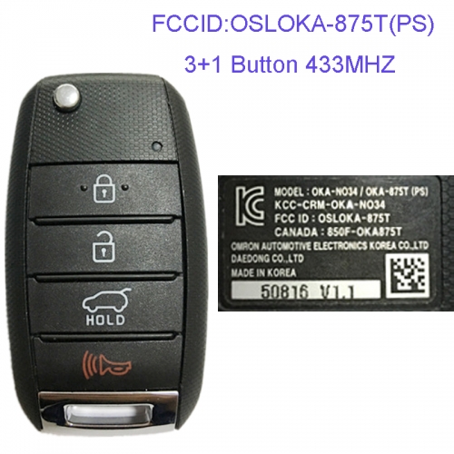 MK130053 3+1 Button 433MHZ Folding Flip Remote Key Fob for Kia soul 2014-2017 Car Key Fob OSLOKA-875T(PS) 95430-B2101