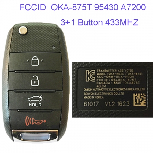 MK130034 3+1 Button 433MHZ Folding Flip Remote Key Fob for Kia Forte CERATO K3 2014 2015 2016 Car Key Fob OKA-875T 95430 A7200