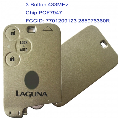 MK230028 3 Button 433MHz Smart Card Remote Key for R-enault Laguna 7701209123 285976360R Car Key Fob With PCF7947 Chip