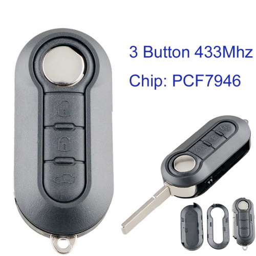 MK330016 3 Button 433Mhz Flip Key for Fiat 500 Grande Punto Doblo Qubo 2006 2007 2013 Auto Car Key Fob with PCF7946 Chip