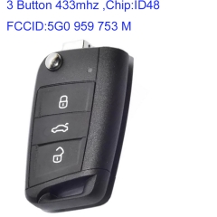 MK120090 3 Button 433mhz Remote Key Control for VW Golf Polo Touran ETC  FCC: 5G0 959 753 M with ID48 Chip Auto Car Key Fob