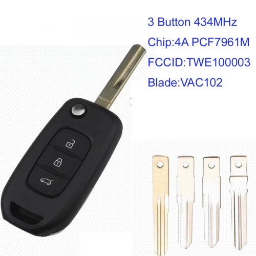 MK230041  3 Button 434MHz Flip Key Remote  for R-enault Symbol Trafic Dacia Duster  Sandero Dokker 2012-2016 Auto Car Key Fob with Blade VAC102