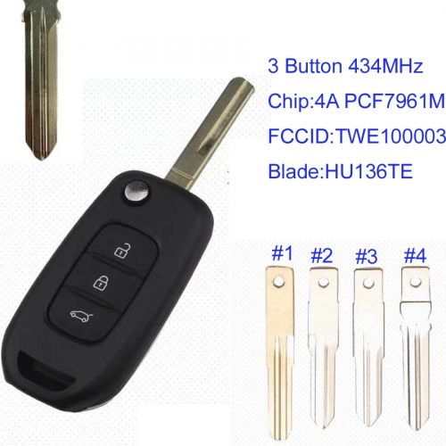 MK230040 3 Button 434MHz Flip Key Remote  for R-enault Symbol  Dacia Duster Logan Sandero Dokker 2012-2016 Auto Car Key Fob  with Blade HU136TE