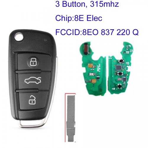 MK090065 3 Button 315MHz Flip Key with id48 Chip for Audi A8 Q7 8EO 837 220 Q Auto Car Key