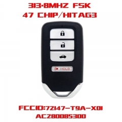 MK180183 3 +1 Button 313.8mhz FSK Remote Key Control for Honda City 2015-2016 Auto Car Key AC280085300 72147-T9A-X01  ID47 Chip
