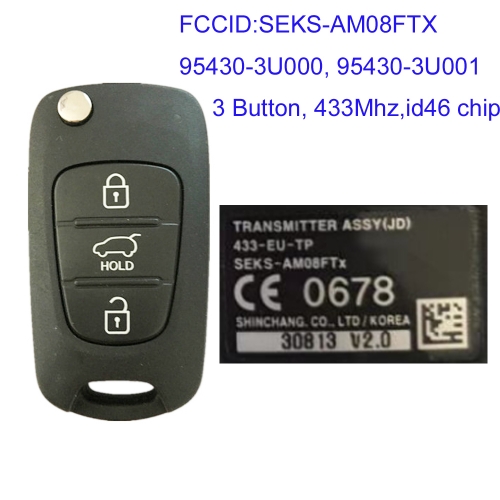 MK130124 3 Button 433MHZ Folding Flip Remote Key Fob for Kia Sportage 2010-2012 Car Key Fob 95430-3U000 95430-3U001 FCC ID: SEKS-AM08 SEKS-AM08FTX 