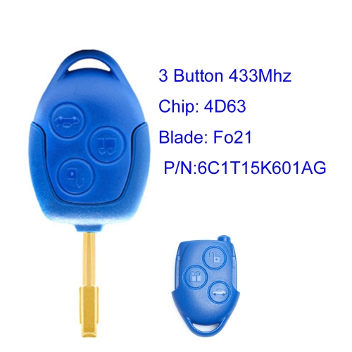MK160123 434MHZ 3 Button Smart Key for Ford Transit 2006 - 2014 MK7 Auto Car Key Fob With 4D63 Chip 6C1T15K601AG Blue