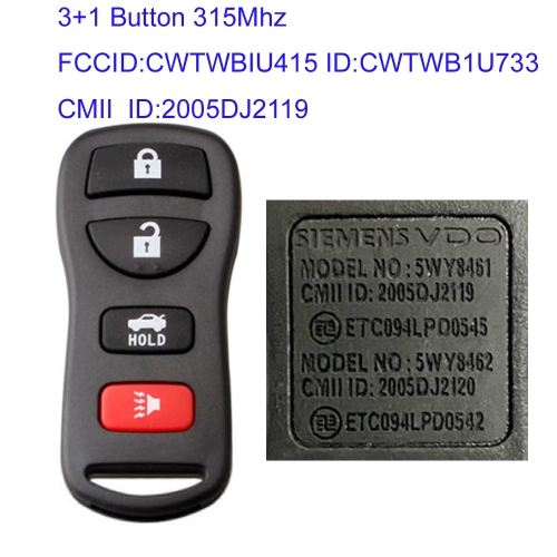 MK210113 3+1 Button 315Mhz  Remote Key for N-issan Sylphy Tiida Qashqai Sunny X-Trail Auto Car Key Fob  5WY8461 5WY8462 VDO CWTWBIU415 ID:CWTWB1U733