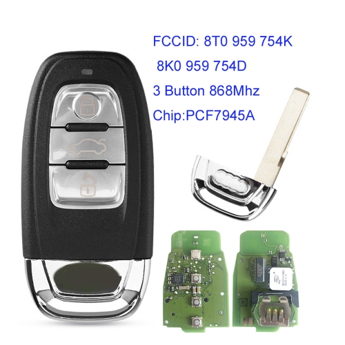 MK090058 3 Button 868Mhz Smart Card Smart Key for A-udi A4 S4 A5 S5 Q5 A6 Remote Control with PCF7945A Chip Keyless go 8T0 959 754K 8K0 959 754D