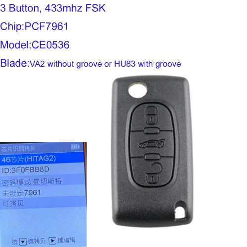 MK240042 3 Buttons  433Mhz FSK CE0536 Remote key for p-eugeot  c-itroen Flip Car Key PCF7961 HU83 OR VA2 Blade