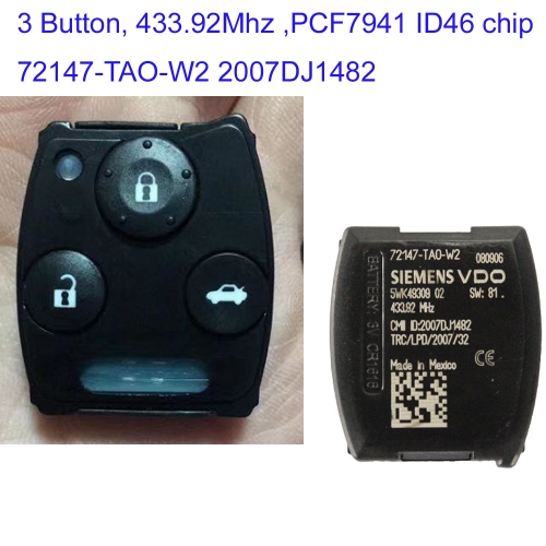 MK180193 Original 3 Button 433MHz Remote Key for H-onda  Accord Pilot 2008-2011 PCF7941 id46 Chip 72147-TAO-W2 2007DJ1482
