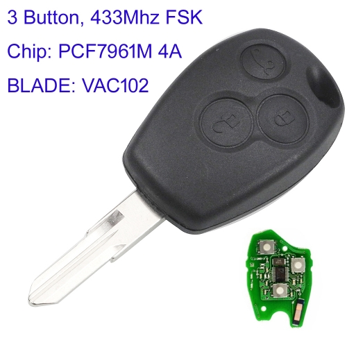 MK230059  3 Button Remote Car Key 433mhz FSK Round Button For R-enault  Trafic 2014 - With PCF7961M 4A VAC102 Blade