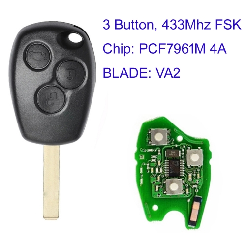 MK230060 3 Button Remote Car Key 433mhz FSK Round Button For R-enault  Trafic 2014 - With PCF7961M 4A VA2 Blade