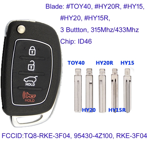 MK140197 3+1 Button 315/433Mhz Flip Key for H-yundai Santa Fe 2013 2014 2015 TQ8-RKE-3F04, 95430-4Z100, RKE-3F04, ID46 Chip