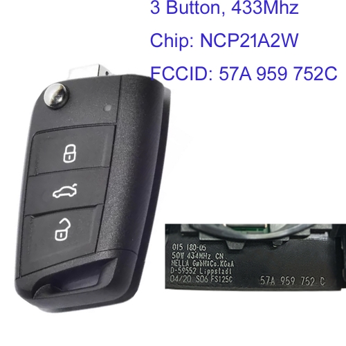 MK120136 3 Button 433mhz Remote Key Control for Skoda Superb Facelift Keyless GO 57A 959 752C with NCP2161W Chip Auto Car Key Fob