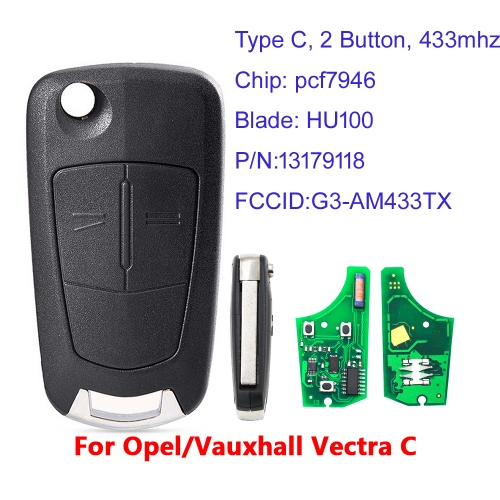 MK460017 2 Button 433MHz Flip Key Remote Control for Opel Vectra C Auto Car Key Fob with PCF7946 Chip