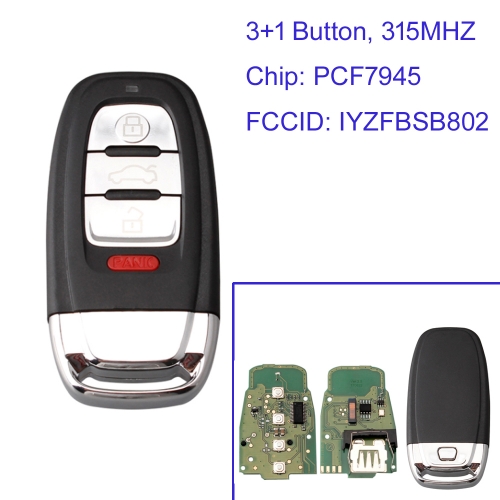 MK090096 3+1 Button 315Mhz Smart Remote Key For AUDI IYZFBSB802 Audi A Q R S TT Quattro 2015-2016 PCF7945 Chip