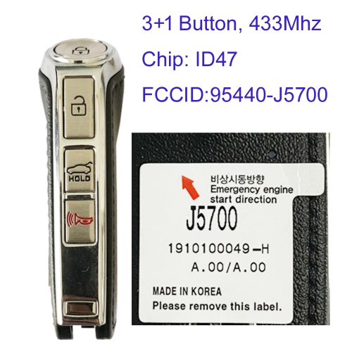 MK130130 3+1 Button 433MHz Smart Key for Kia Stinger 2020 + Car Key Fob Keyless Go 95440-J5700 With ID47 Chip