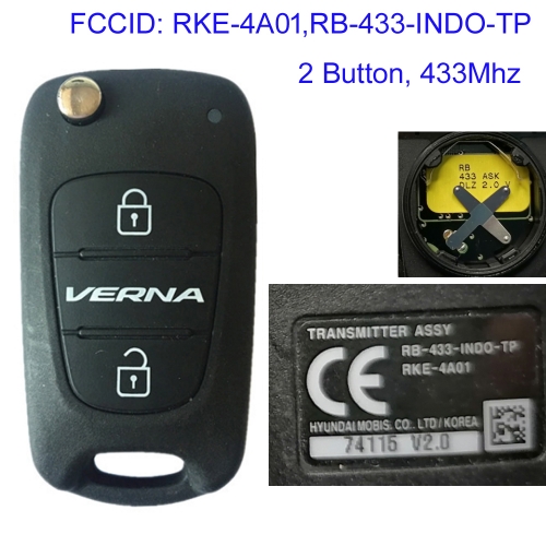 MK140304 2 Button 433mhz Remote Key for H-yundai Verna Car Key Fob With ID46 Chip RKE-4A01 RB-433-INDO-TP