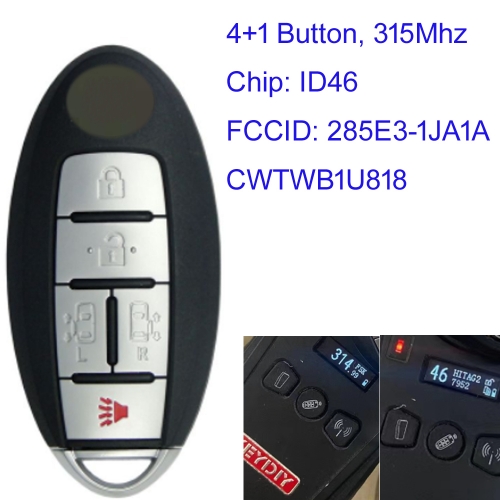 MK210164 4+1 Button 315mhz Remote Key Control Smart Key for N-issan QUEST 2011 2012 2013 2014 2015 2016 2017 FCCID: 285E3-1JA1A CWTWB1U818 With ID46 C