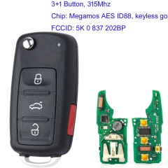 MK120154 3+1 Button 315Mhz Remote Key with MQB48 Chip Fit for VW Jetta Passat 2012 2013 2014 2015 2016 2017 2018 2019  5K 0 837 202BP Keyless go