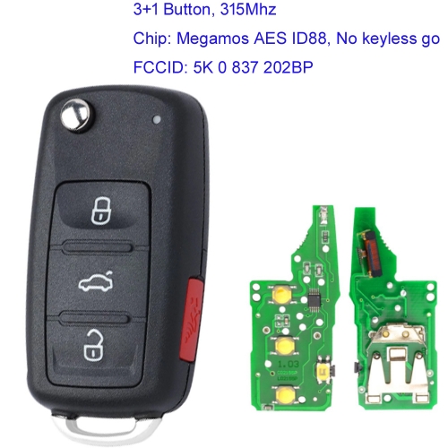 MK120156 3+1 Button 315Mhz Remote Key with ID46 Chip Fit for  VW Jetta Passat 2012 2013 2014 2015 2016 2017 2018 2019  5K 0 837 202BP No Keyless go