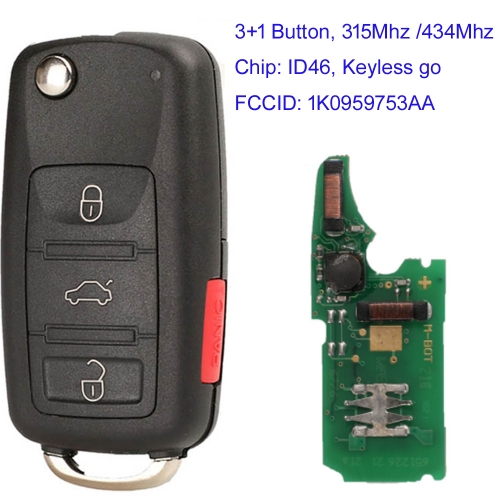 MK120160 3+1 Buttons 315Mhz/434Mhz Remote Flip Key with ID46 Chip for VW Touareg Phaeton 2002-2009 FCCID: 1K0959753AA withKeyless Go