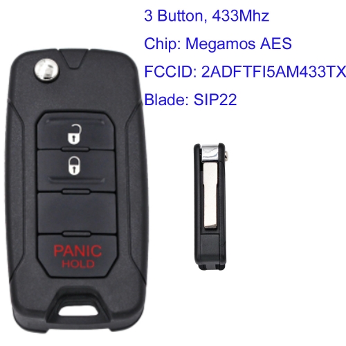 MK300094 2+1 Button 433mhz Flip Remote Key for Jeep Renegade 2016-2018 Fiat 500X FCC:2ADFTFI5AM433TX with SIP22 Blade