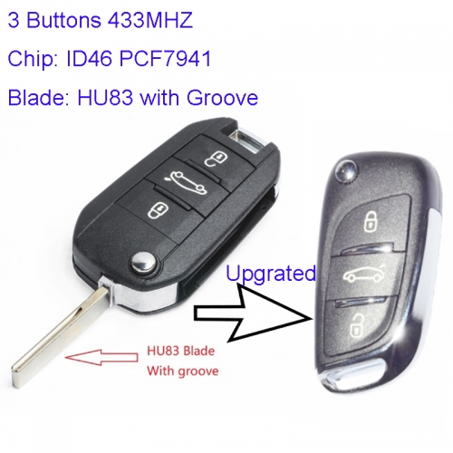 MK240033 3 Flip Key for Modified DS Style P-eugeot 208 2008 308 3008 408 4008 508 500 3 Buttons 434mhz ID46 Chip HU83 Blade Modified Flip Remote Car