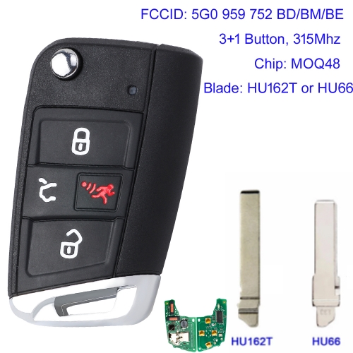 MK120163 3+1 Button 315Mhz Remote Key with MQB Chip Fit for  VW  Golf GTI Jetta Atlas NBGFS12A01/ NBGFS12P01 5G0 959 752 BD/BM/BE HU162T/HU66