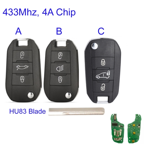 MK240065 3 Button 433Mhz Flip Key for P-eugeot Partner 508 308 Expert For C-itroen Dispatch C3 C4 Cactus HU83 Blade with 4A Chip