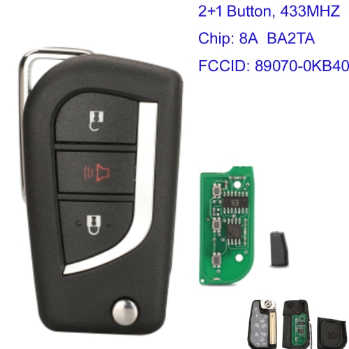 MK190406 2+1 Button Flip Key 433mhz ASK for T-oyota Hilux 2015 - 2020 8A Chip P/N 89070-0KB40 BA2TA Auto Car Key Fob Control