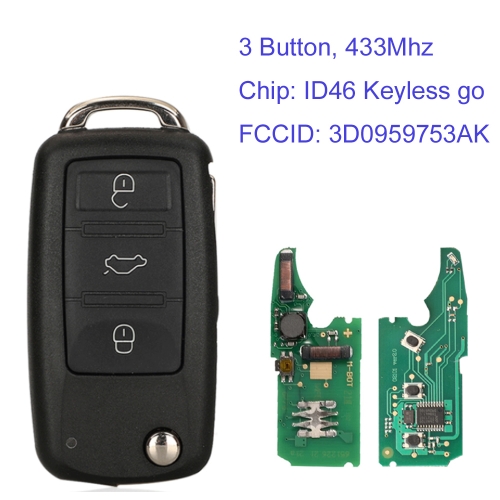 MK120165 3Buttons 434Mhz  Remote Key ID46 Chip for VW Touareg Touareg Phaeton FCCID:3D0959753AK With ID46 Chip Keyless Go