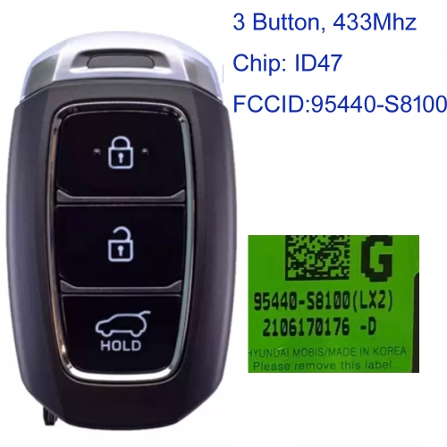 MK140380 3 Button 433MHz Smart Key for H-yundai Palisade 2019 FCCID 95440-S8100 TQ8-FOB-4F19 Remote Key Fob Keyless Go