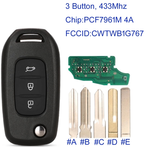 MK230079 2 Button 434MHz Flip Key Remote Control for R-enault Kadjar Captur Megane 3 Symbol Logan 2 Sandero 2 Dacia Duster CWTWB1G767 PCF7961M 4A