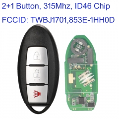 MK210181 2+1 Button 315mhz Smart Key for N-issan TIIDA MARCH Micra Leaf PCF7952 ID46 Chip 85E3-1HH0D TWB1J701 Auto Remote Key