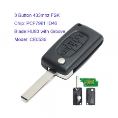 MK240009 3 Button 433mhz FSK Flip Key for P-eugeot 2011-2013 307 308 408 Remote Key CE0536 PCF7961 ID46 Chip