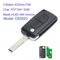MK240016 2 Button 433mhz FSK Flip Key for P-eugeot 307 2011-2013 PCF7941 ID46 Transponder Remote Car Control With HU83 Blade CE0523