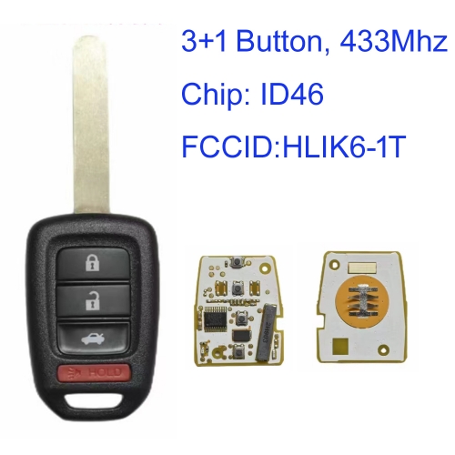 MK180279 3+1 Button Remote Car Key Fob 433MHZ ID46 Chip for Honda Civic/Accord/CRV/JAZZ/XR-V/VEZEL FCCID:HLIK6-1T Auto Key Remote Fob