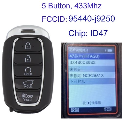 MK140358 5 Button 433MHz Smart Key for H-yundai Kona 2022 FCCID 95440-J9250 Keyless Go Auto Car Key Fob With ID47 Chip