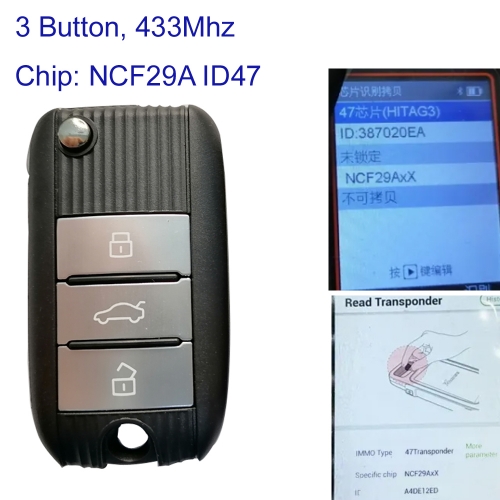 MK390015 OEM 3 Button 433MHz Flip Key Folding Key Remote for MG Auto Car Key Fob with ID47 NCF29AXX Chip