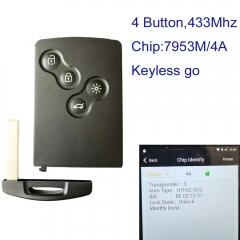 MK230086 4 Button 433MHz Smart Card Remote Key for R-enault Clio IV Captur  2009-2017 Car Key Fob With PCF7953M Chip 4A chip 285971998R Keyless Go