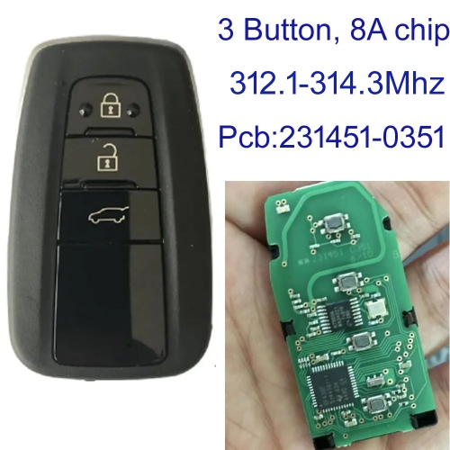 MK190597 3 Button 312.1-314.3MHz Smart Key for T-oyota Smart Key Fob Keyless Go Key 231451-0351 with 8A Chip Rav4 Highlander 2019-2023 8990H-42070