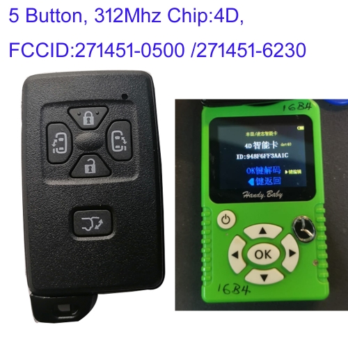 MK190660 5 Button 312MHZ Smart Key for T-oyota Part Number 271451-0500 271451-6230 Keyless Go Proximity Key With 4D Chip