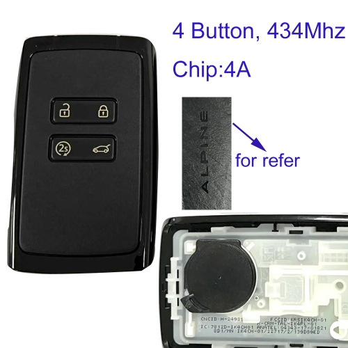 MK230111 4 Button 433mhz  Smart Key for R-enault ALPINE Card HITAG AES NCF29AxMTT Keyless Go  Auto Key Fob