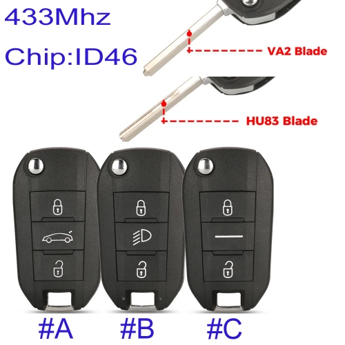 MK240074 2/3 Button 433Mhz Flip Key for P-eugeot 208 301 308 508 2008 5008 Hella Fit C-itroen C3 C4 C4L HU83 VA2 Blade ID46-7941 Chip